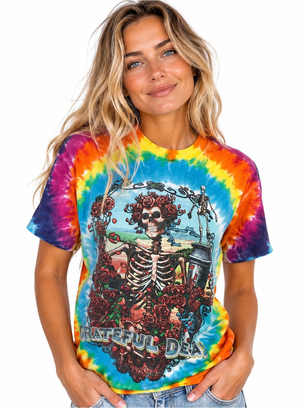 Liquid Blue Grateful Dead Skeleton Roses Rainbow Tie Dye T Shirt Womens Small S